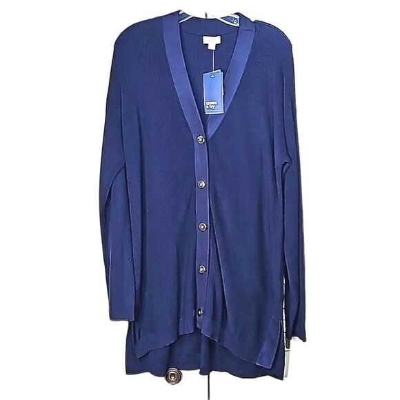 Cardigan by Crown & Ivy Navy Blue Goldtone Button Front Size L NWT - Picture 1 of 7